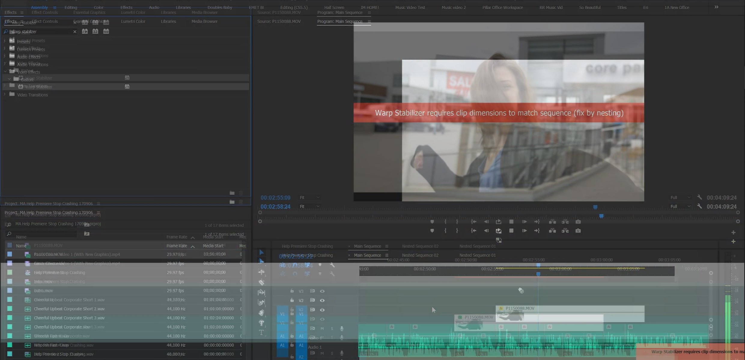warp stabilizer requires clip dimensions to match sequence won t go away