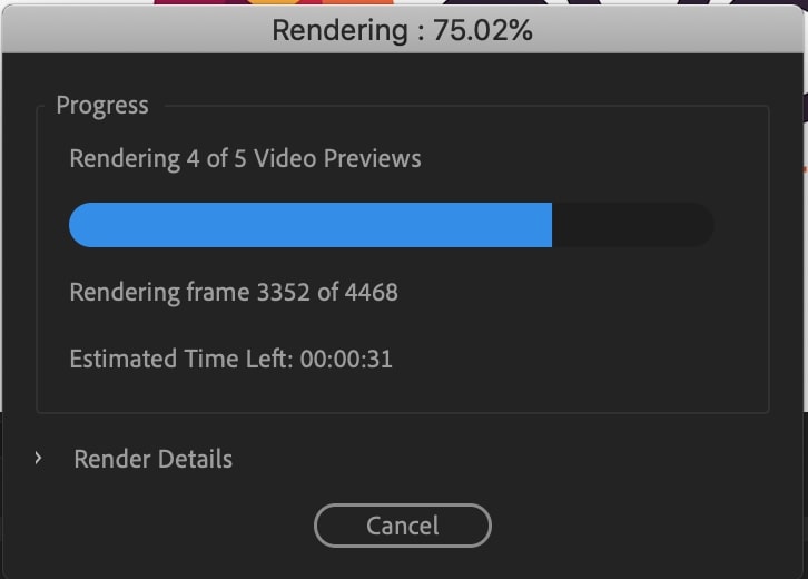 An example of the progress bar when you render video in Premiere Pro