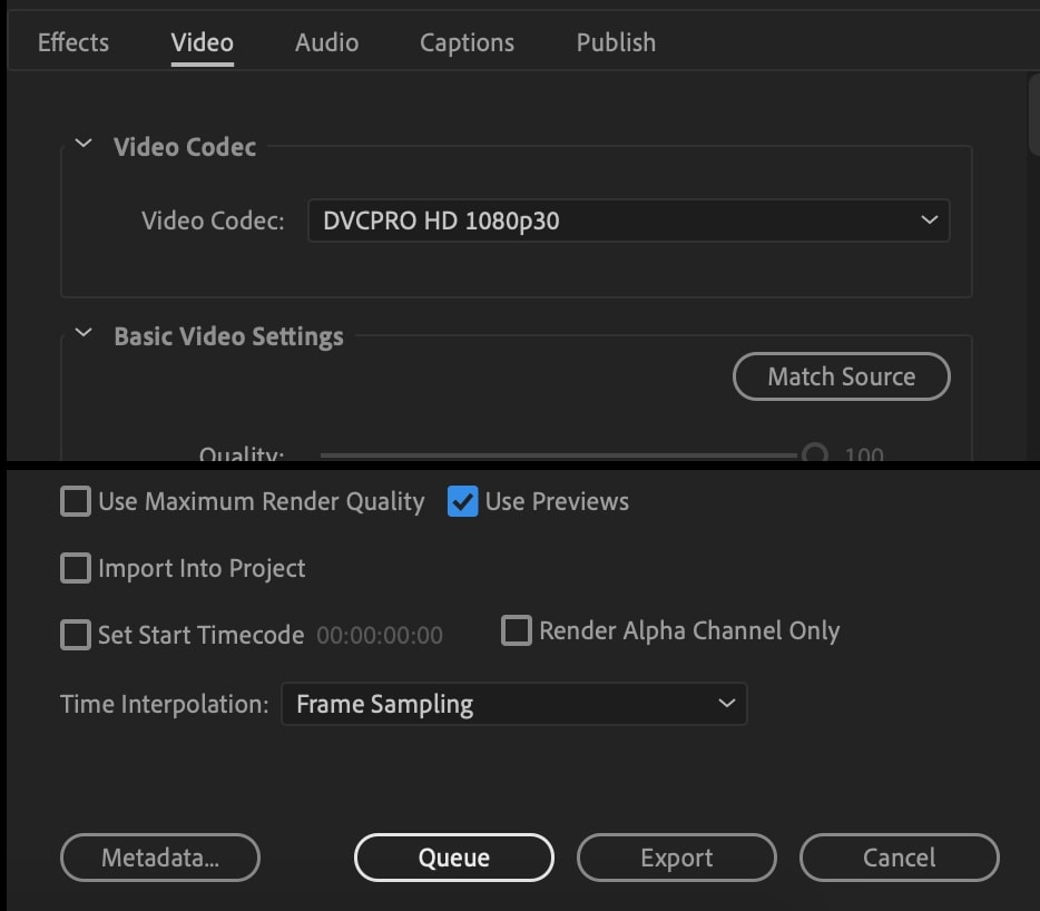 The export window in Premiere Pro.