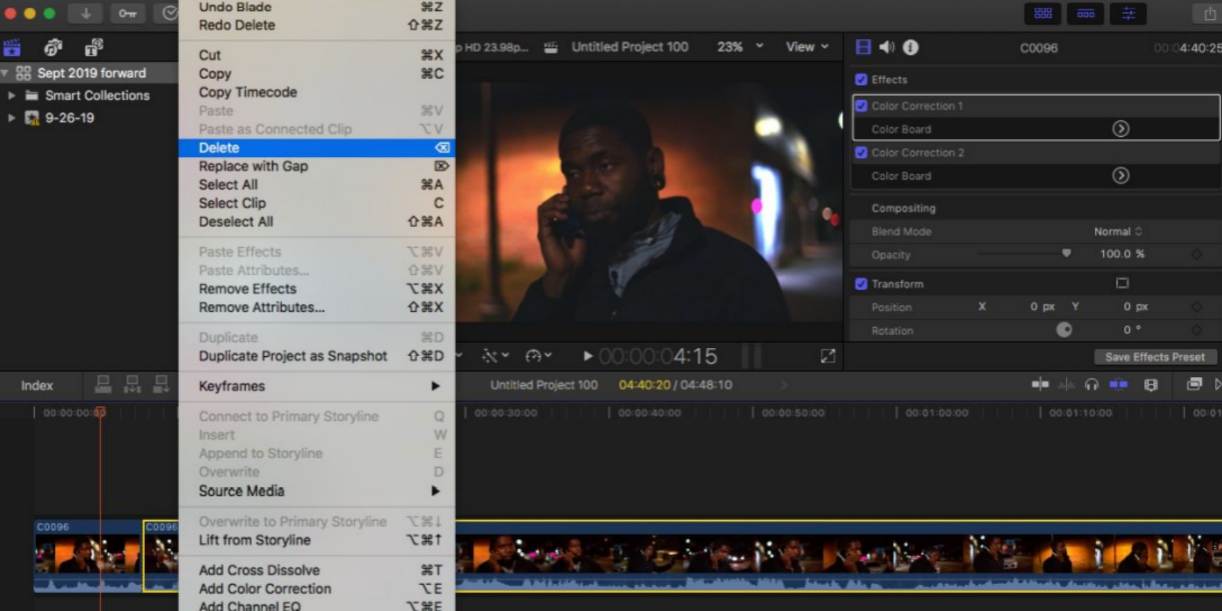 Deleting timeline sections in Final Cut Pro.
