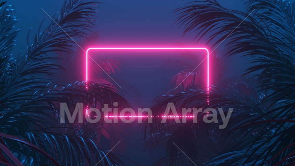 Neon glowing rectangle frame among palm trees at night