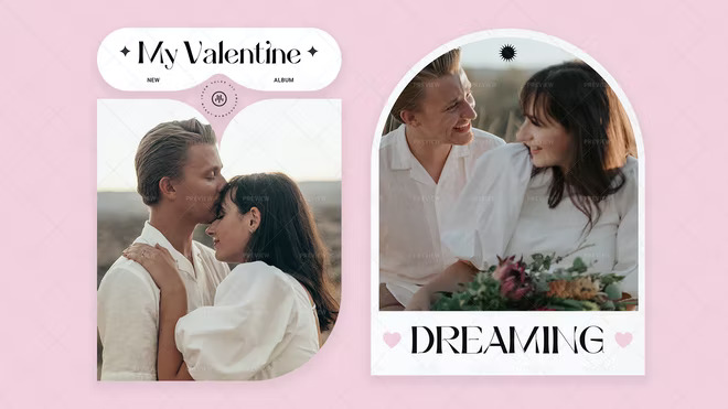 Two frames of a loving couple with titles