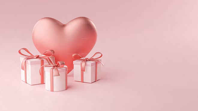 Big heart surrounded by three small gift boxes tied with ribbons