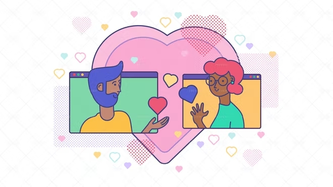 Two people exchanging hearts from computer screens